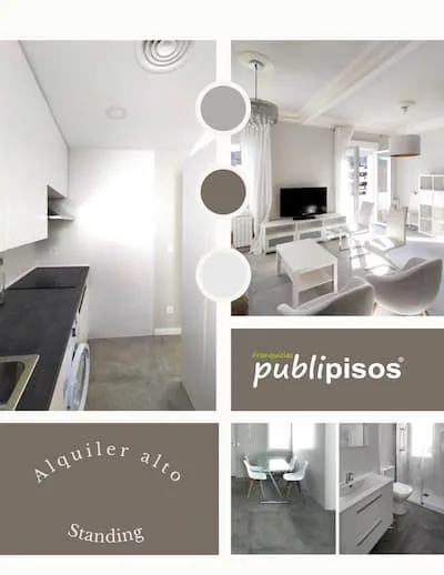 Salón, cocina y baño de un piso de alto standing en alquiler en Madrid, preparado con gestión de alquiler