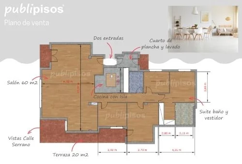 Plano texturizado de un piso en venta con vistas a la calle Serrano, en el barrio de Salamanca de Madrid